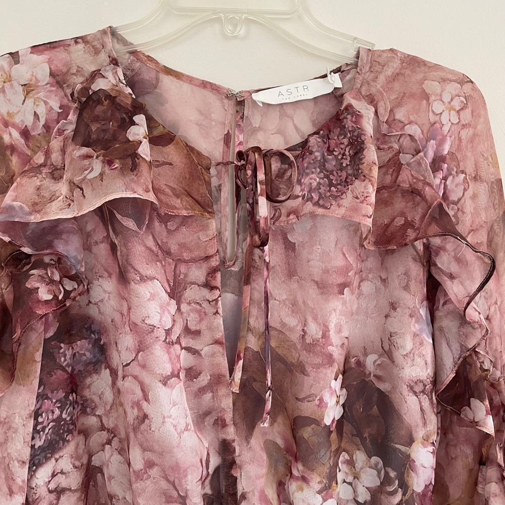 Floral Print Romper Chiffon‎ Ruffle Tie Neck Long Sleeve Women's Size M - Picture 8 of 13